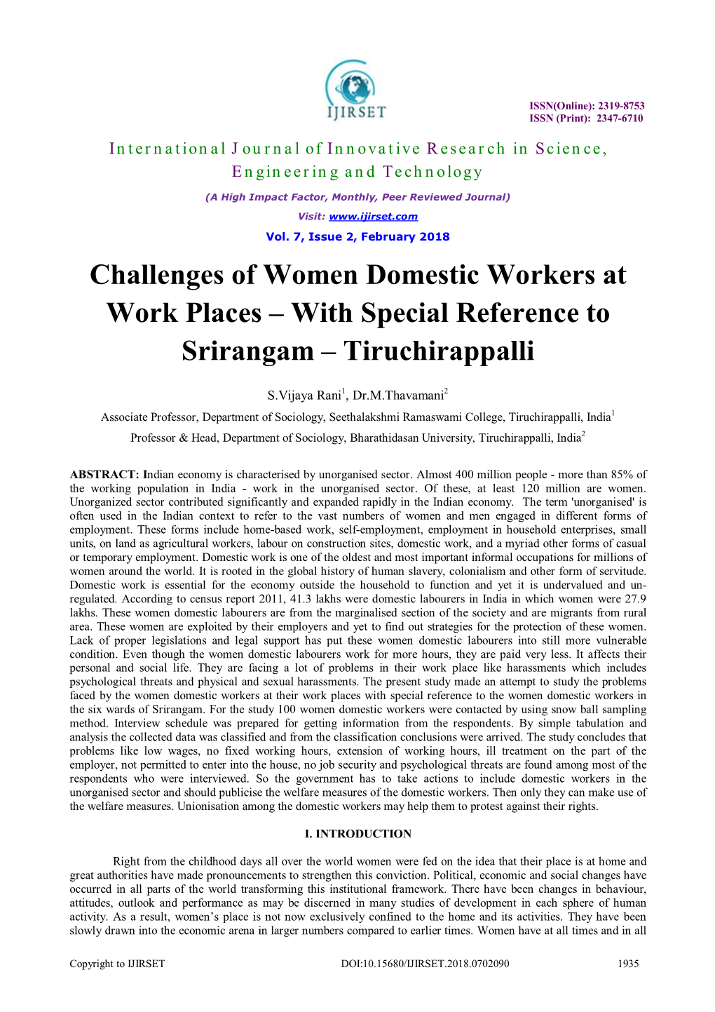 Challenges of Women Domestic Workers at Work Places – with Special Reference to Srirangam – Tiruchirappalli