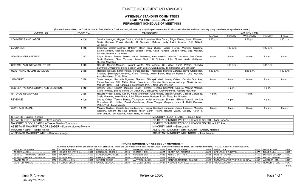 Assembly Standing Committees Eighty-First Session—2021 Permanent Schedule of Meetings