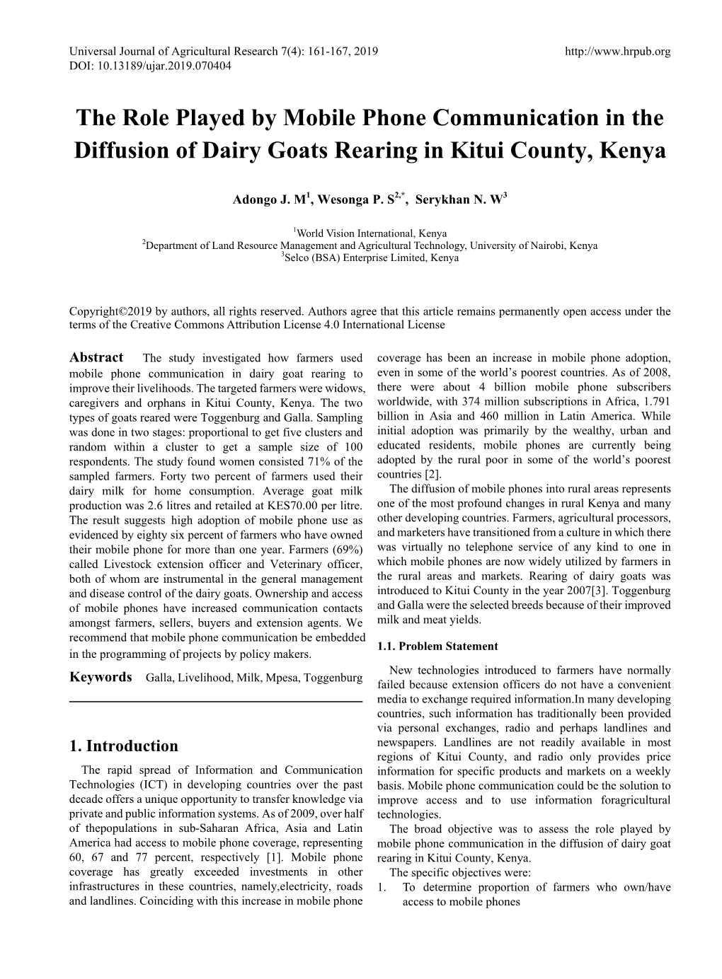 The Role Played by Mobile Phone Communication in the Diffusion of Dairy Goats Rearing in Kitui County, Kenya