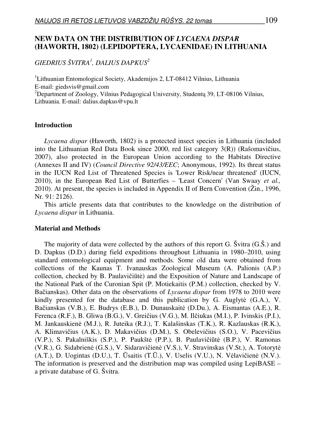 New Data on the Distribution of Lycaena Dispar (Haworth, 1802) (Lepidoptera, Lycaenidae) in Lithuania