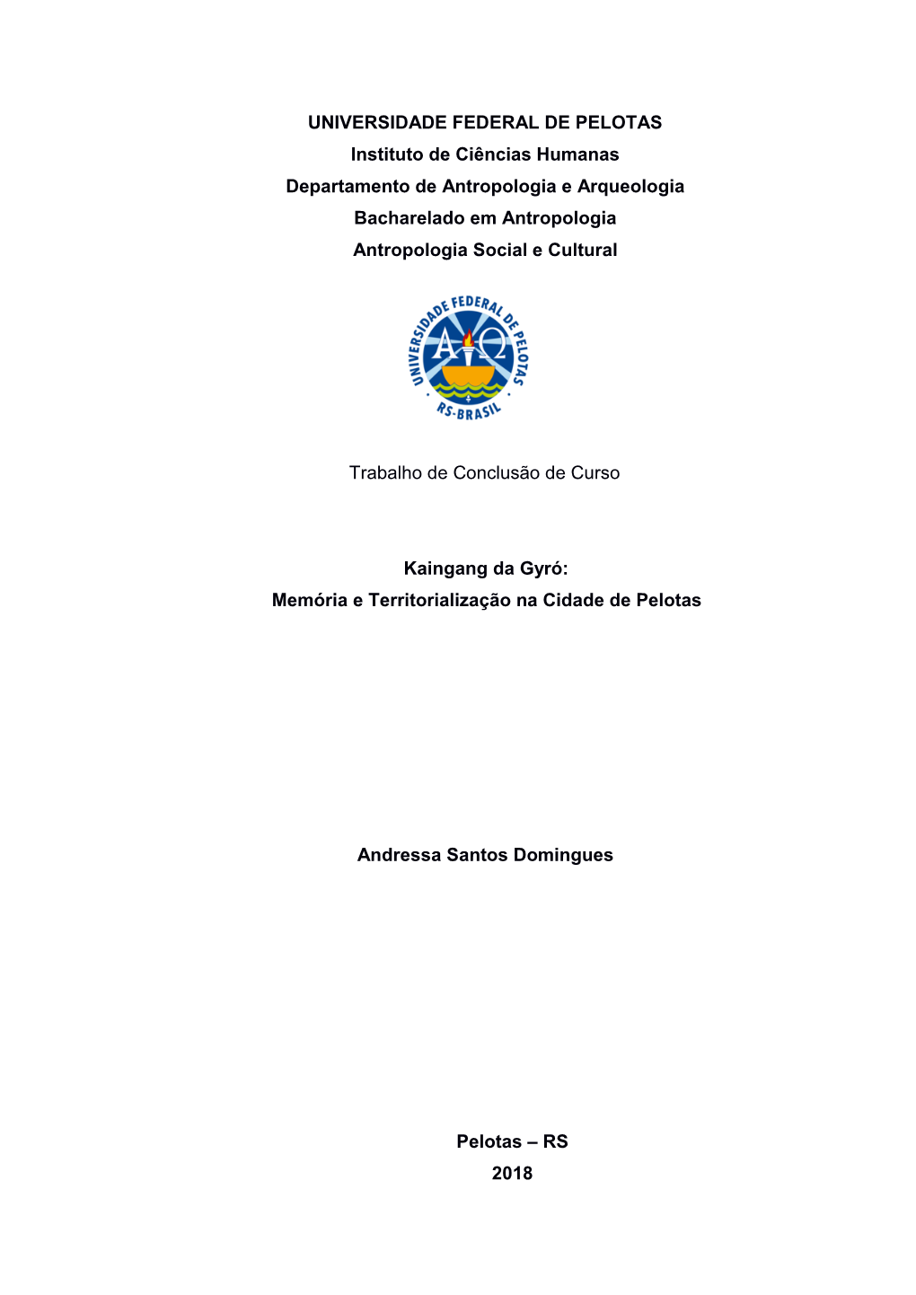 UNIVERSIDADE FEDERAL DE PELOTAS Instituto De Ciências Humanas Departamento De Antropologia E Arqueologia Bacharelado Em Antropologia Antropologia Social E Cultural