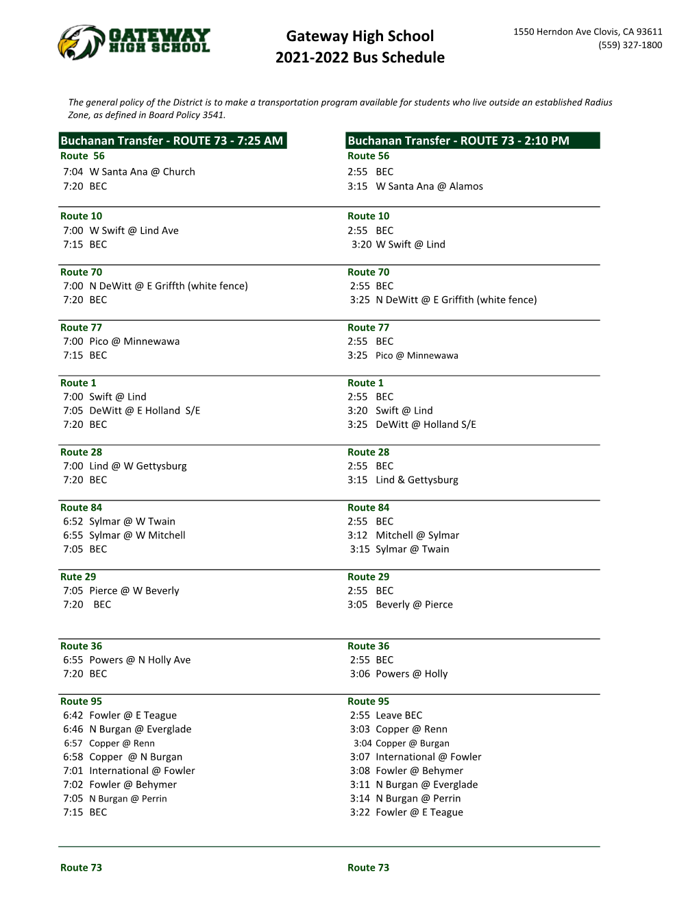 Gateway High School 2021-2022 Bus Schedule