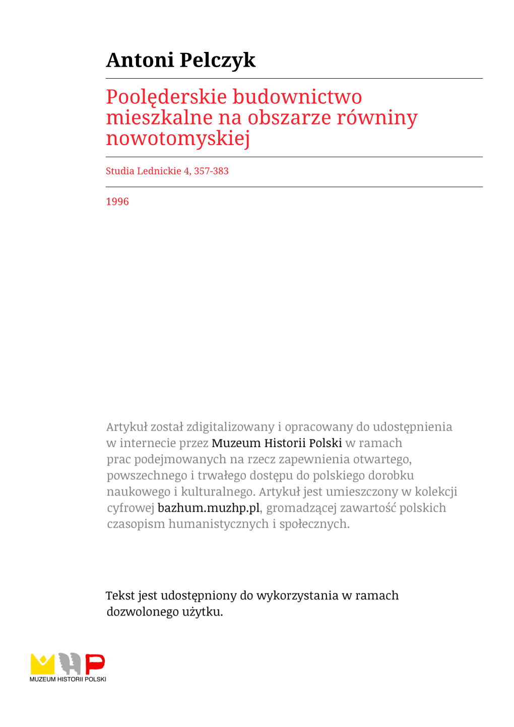 Antoni Pelczyk Poolęderskie Budownictwo Mieszkalne Na Obszarze Równiny Nowotomyskiej