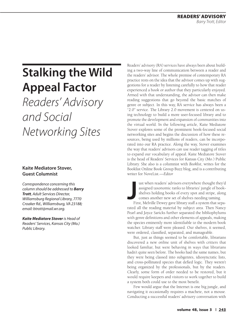 Stalking the Wild Appeal Factor Readers' Advisory and Social