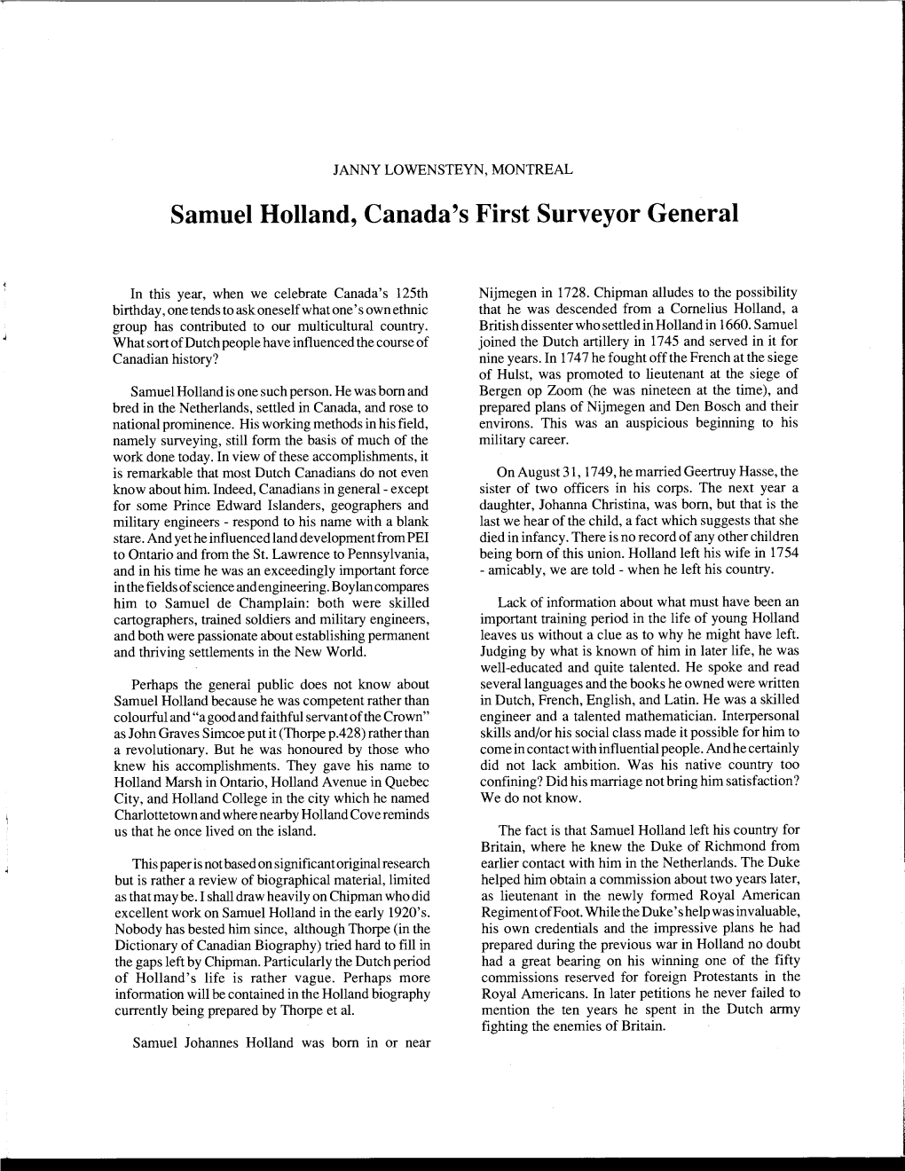 Samuel Holland, Canada's First Surveyor General