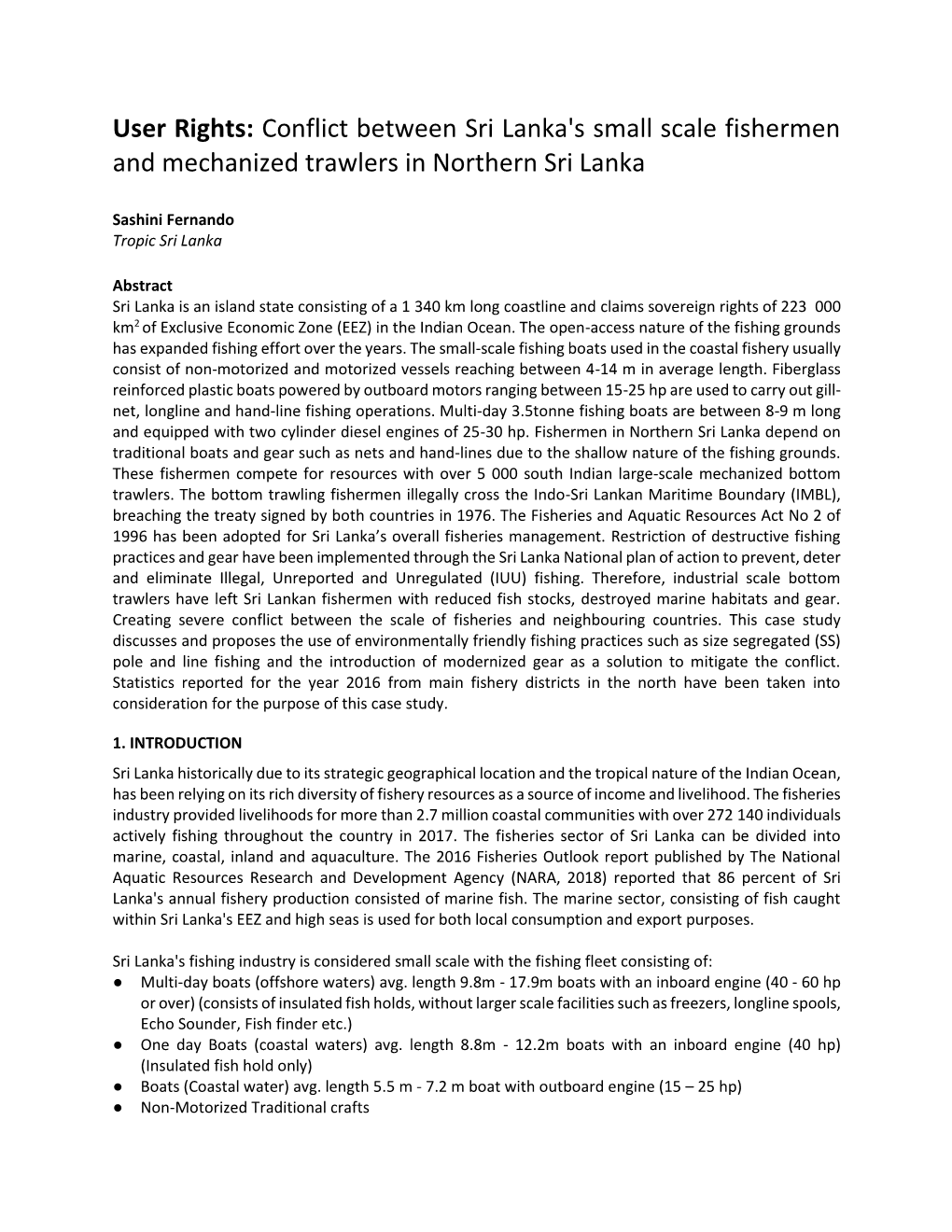 Conflict Between Sri Lanka's Small Scale Fishermen and Mechanized Trawlers in Northern Sri Lanka