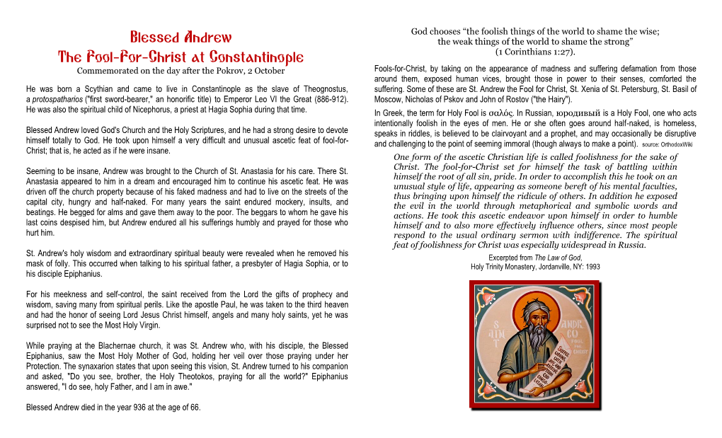 Blessed Andrew the Weak Things of the World to Shame the Strong” (1 Corinthians 1:27)