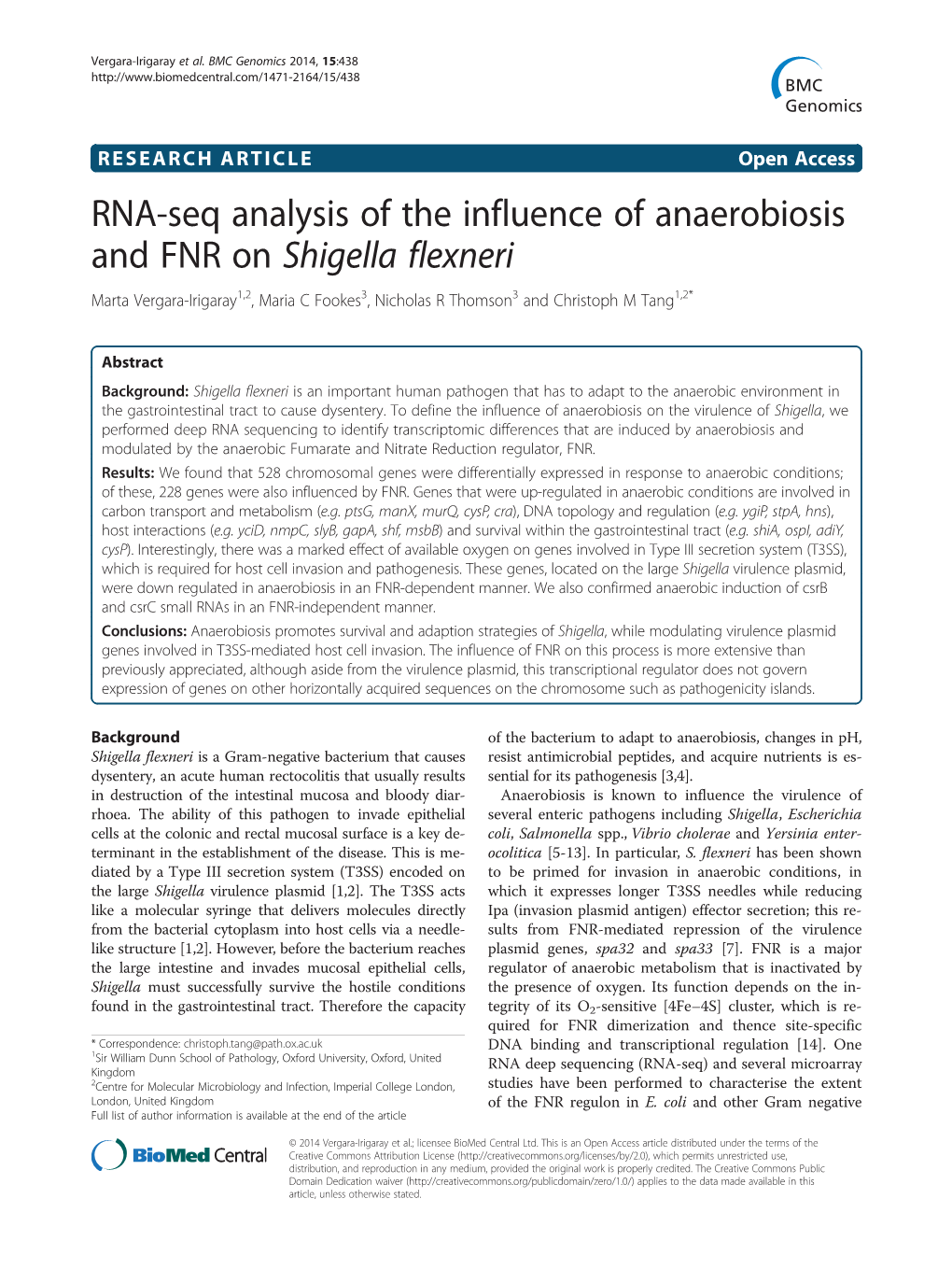 RNA-Seq Analysis of the Influence of Anaerobiosis and FNR on Shigella