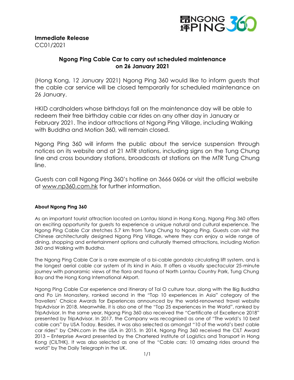 Immediate Release CC01/2021 Ngong Ping Cable Car to Carry Out