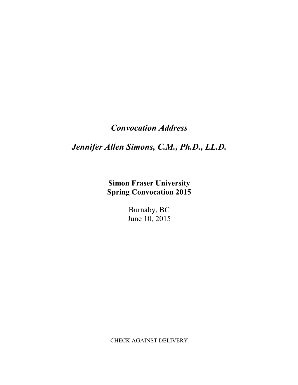 Convocation Address Jennifer Allen Simons