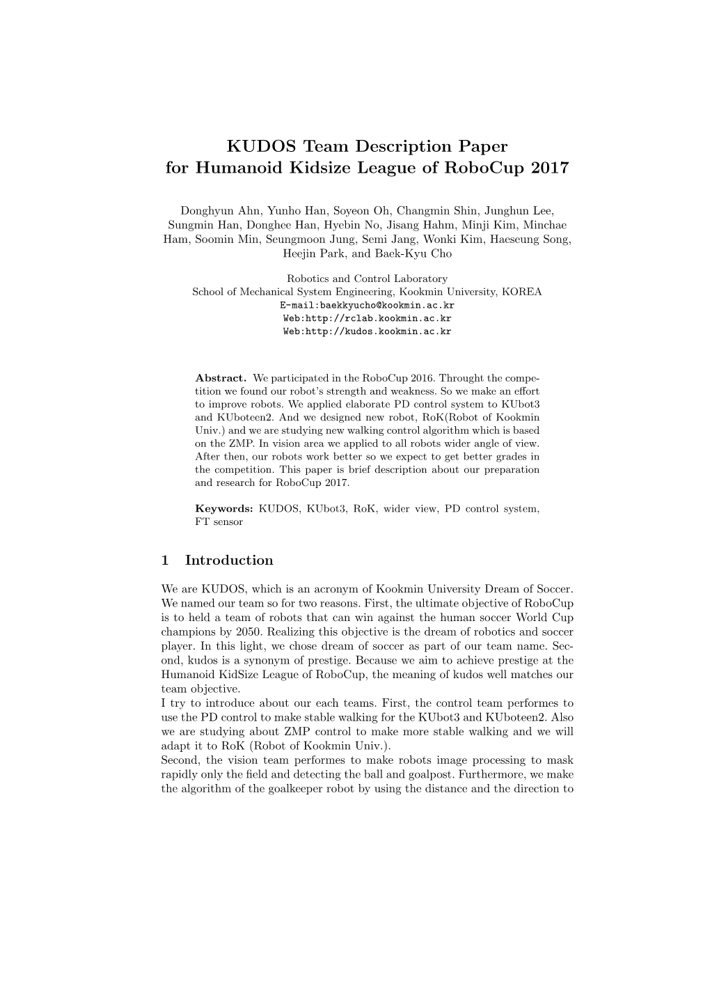 KUDOS Team Description Paper for Humanoid Kidsize League of Robocup 2017