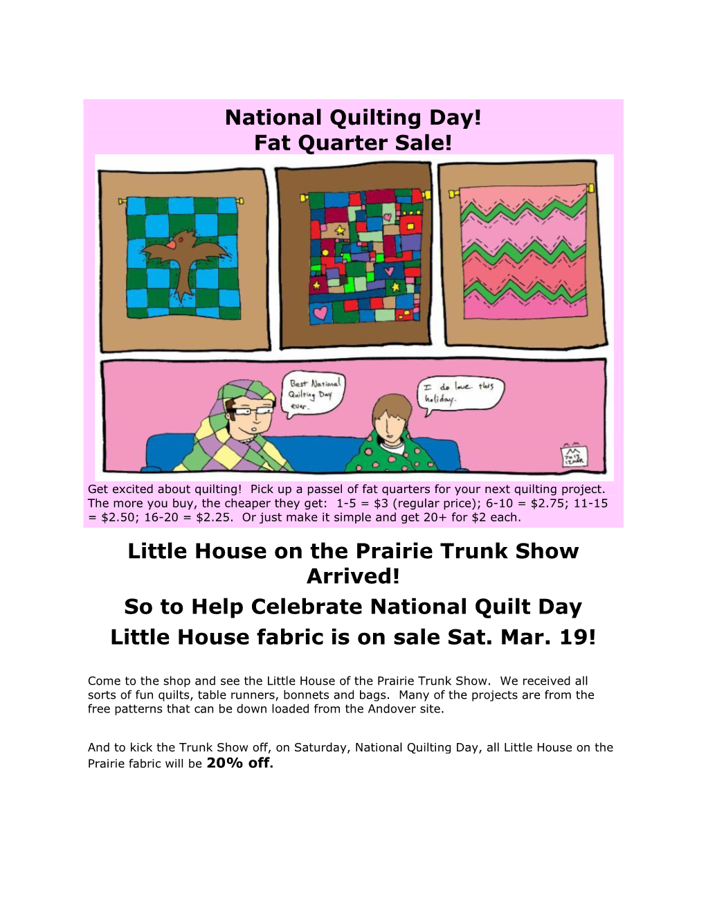 National Quilting Day! Fat Quarter Sale!