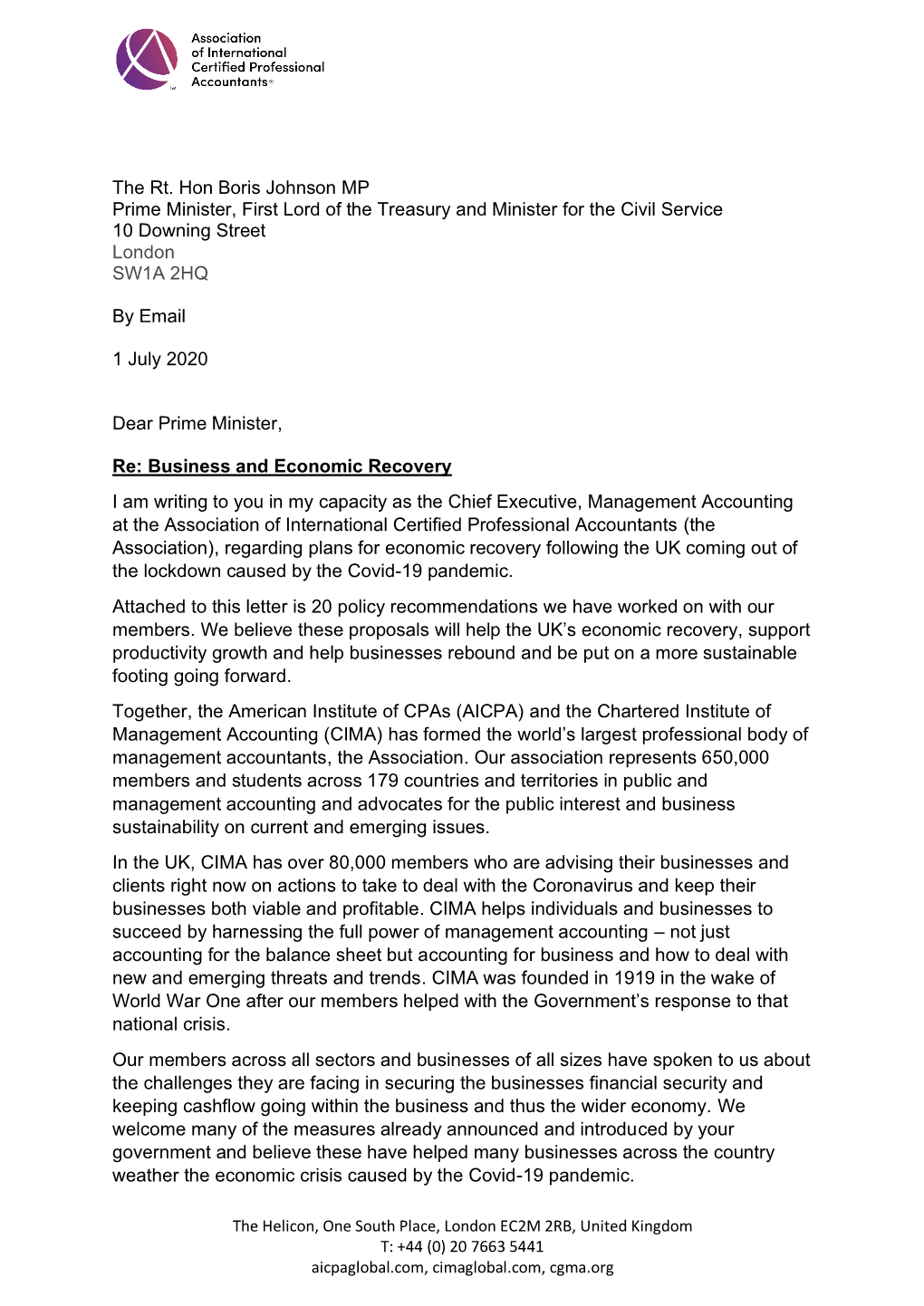 Letter to UK Prime Minister on CIMA 20-Point