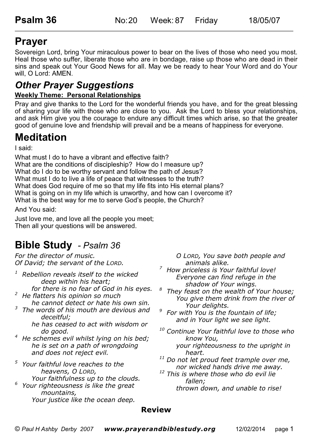 Psalm 36 No: 20 Week: 87 Friday 18/05/07