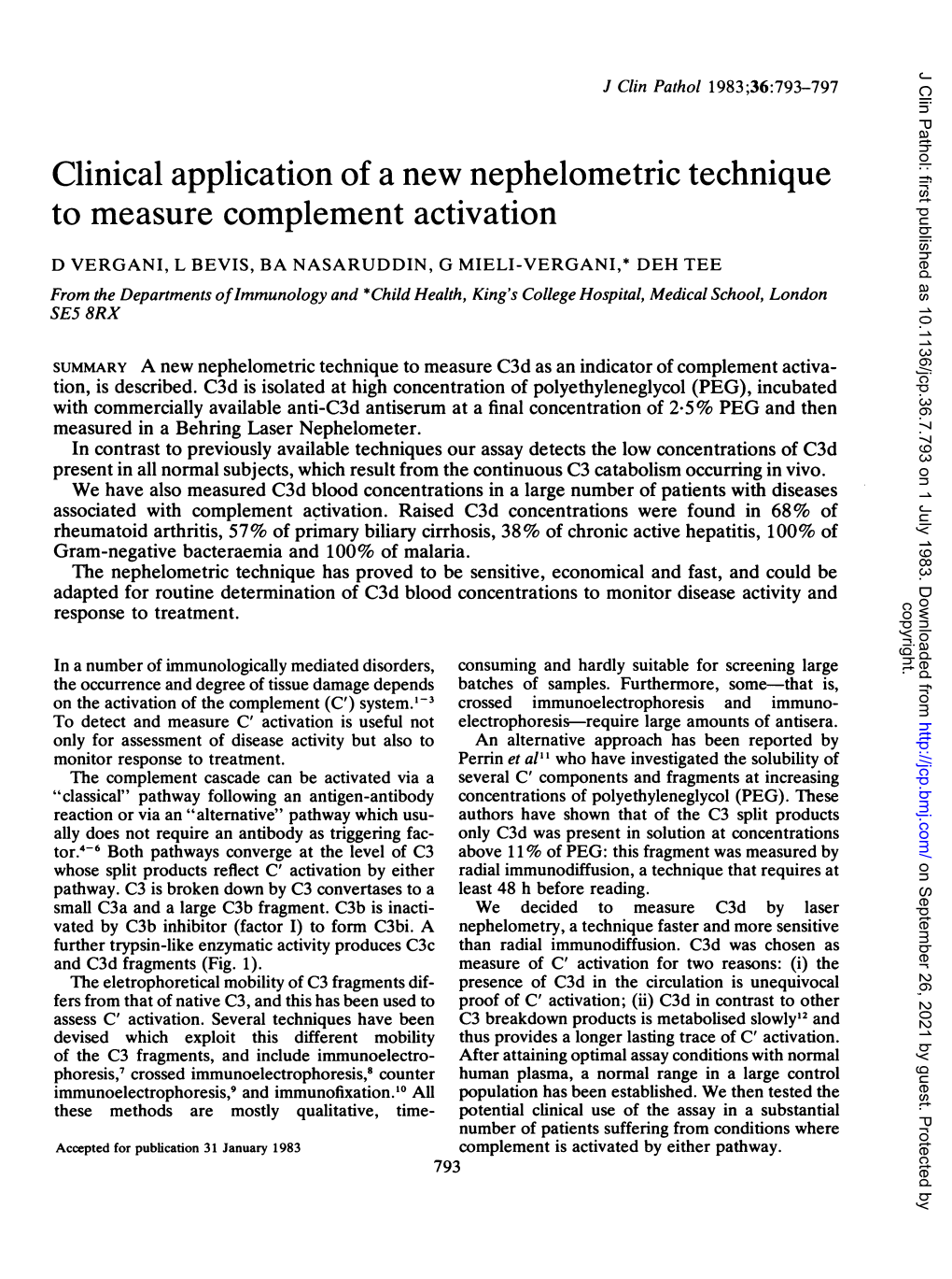 Clinical Application of a New Nephelometric Technique to Measure Complement Activation