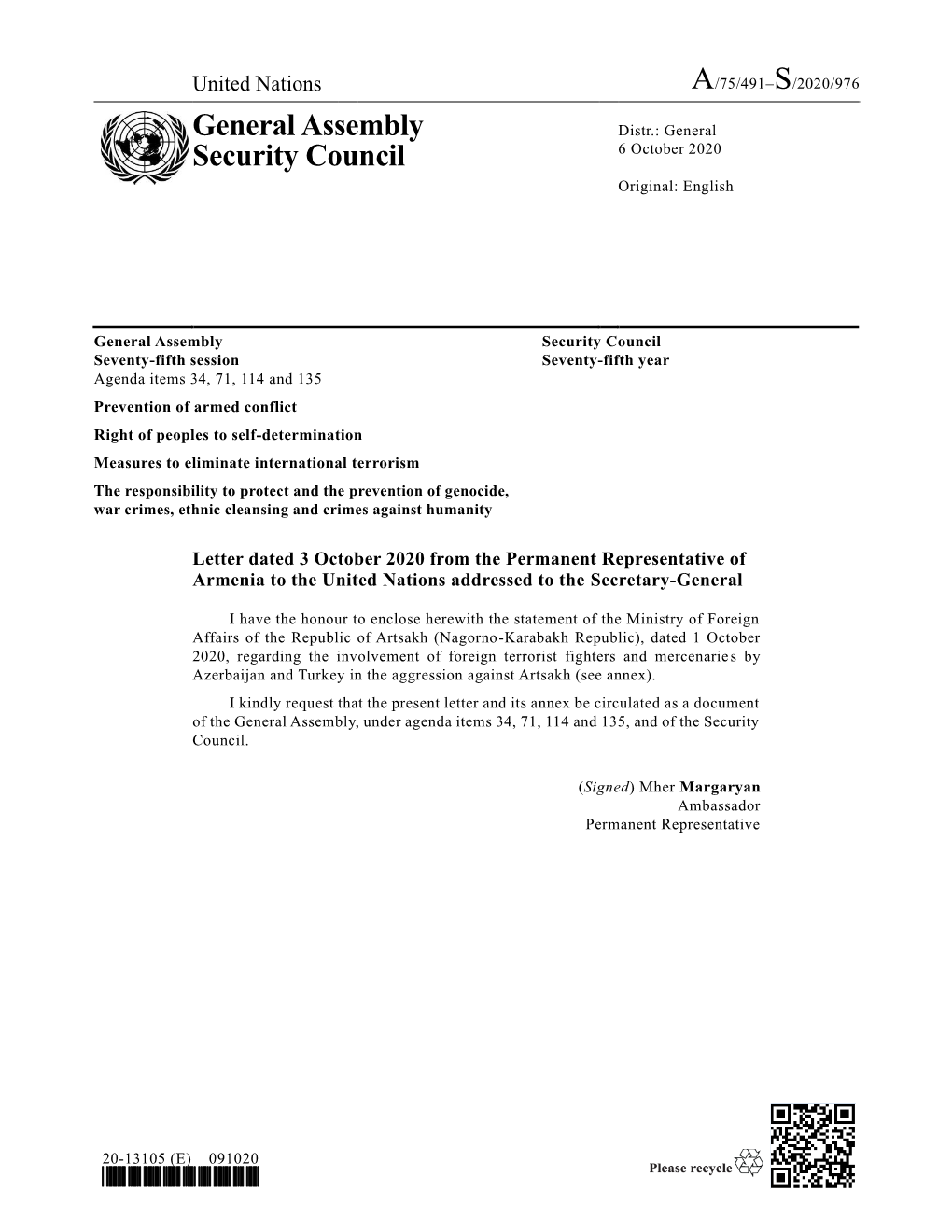 A/75/491–S/2020/976 General Assembly Security Council