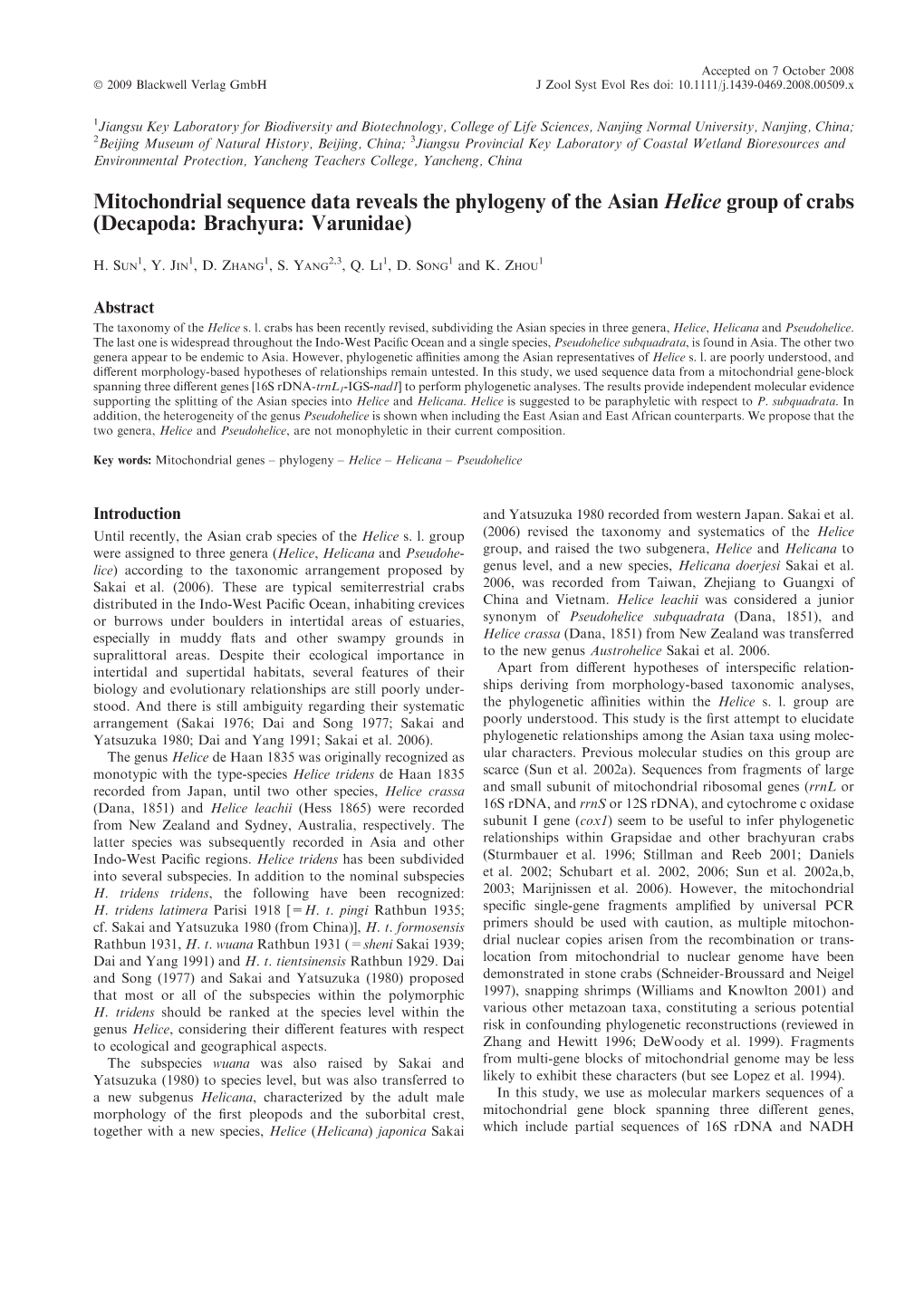 Mitochondrial Sequence Data Reveals the Phylogeny of the Asian Helice Group of Crabs (Decapoda: Brachyura: Varunidae)