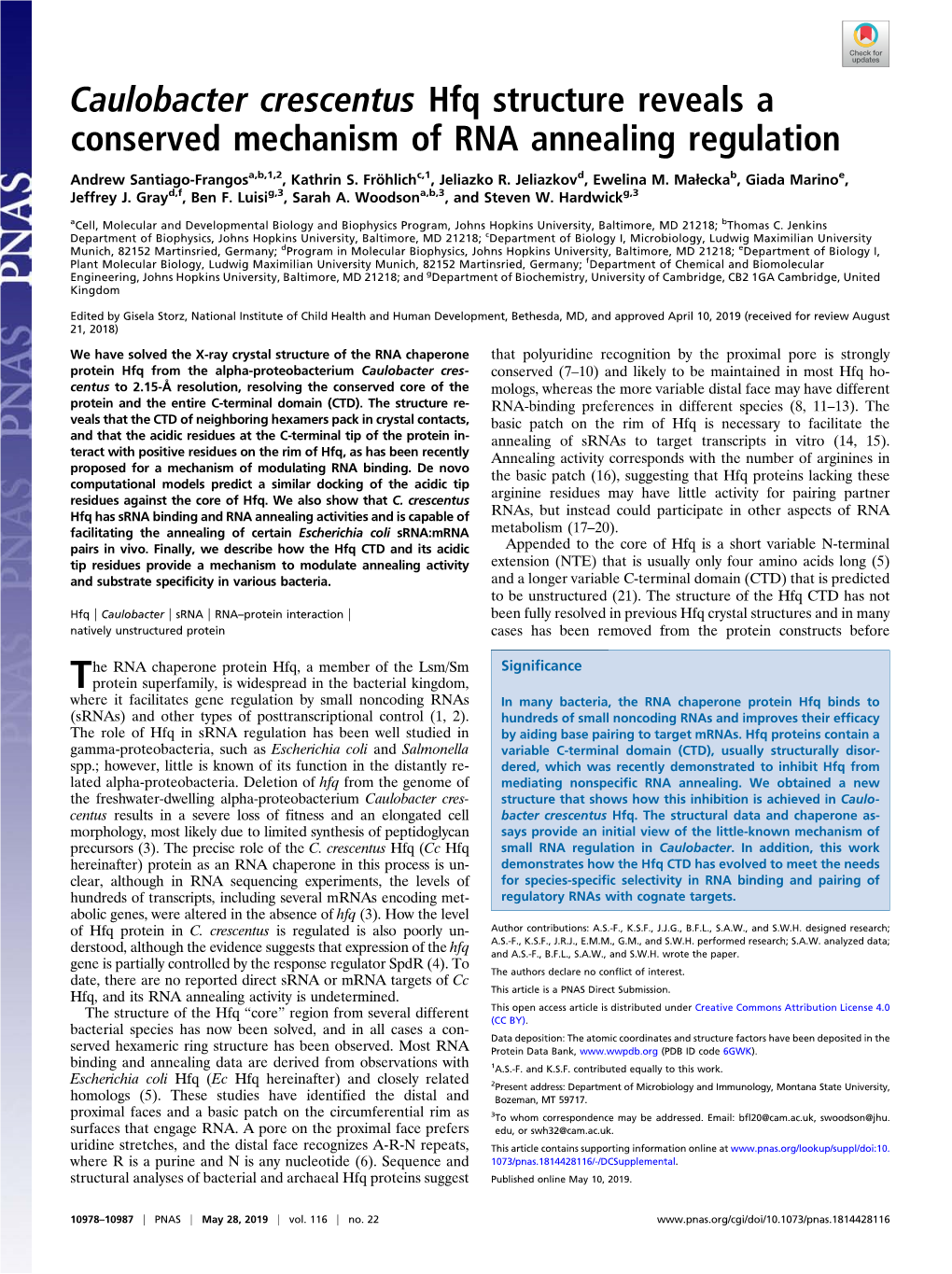 Caulobacter Crescentus Hfq Structure Reveals a Conserved Mechanism of RNA Annealing Regulation