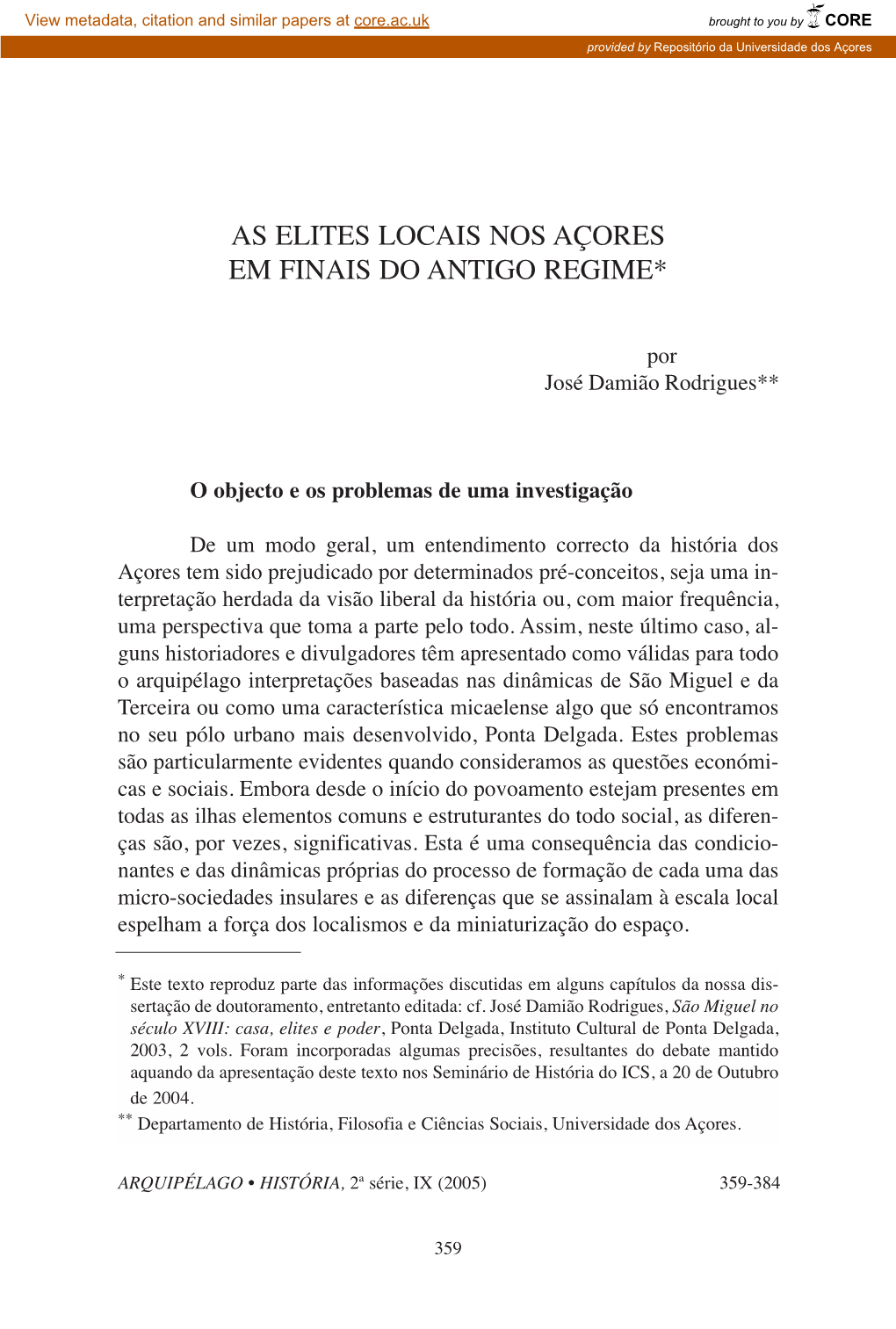 As Elites Locais Nos Açores Em Finais Do Antigo Regime*