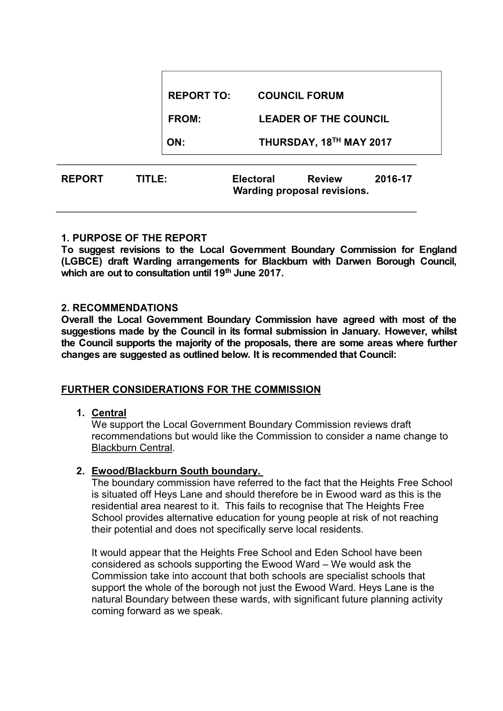 Blackburn with Darwen Borough Council, Which Are out to Consultation Until 19Th June 2017