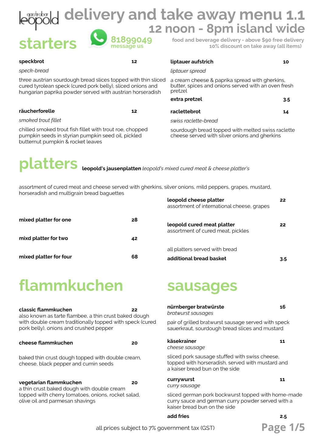 Starters Platters Flammkuchen Sausages Delivery and Take Away Menu