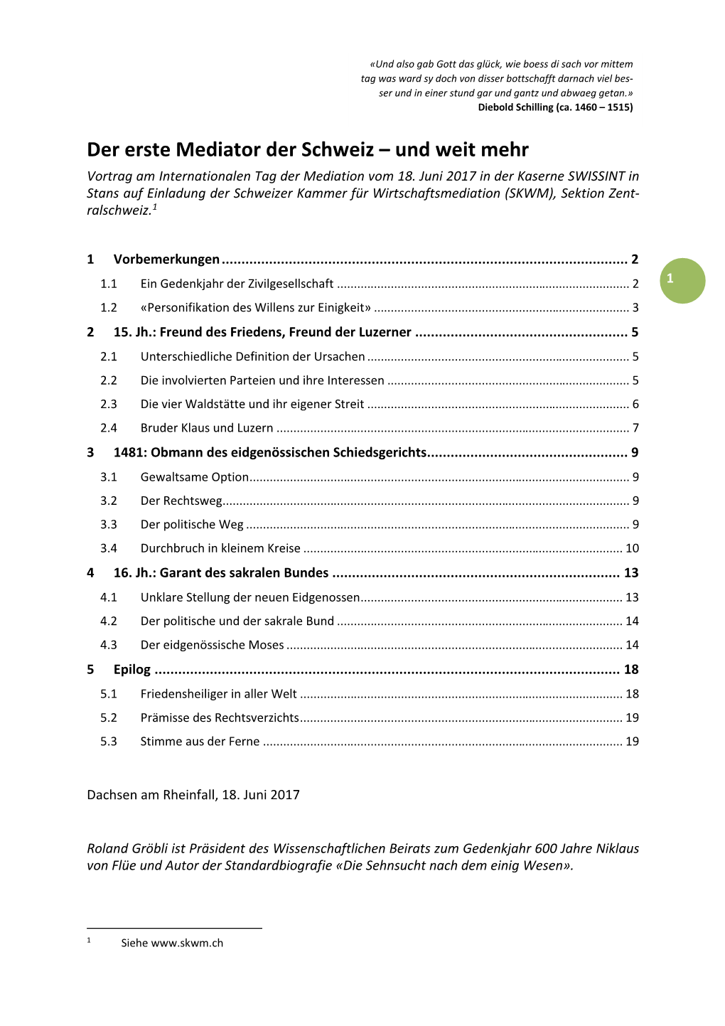 Der Erste Mediator Der Schweiz – Und Weit Mehr Vortrag Am Internationalen Tag Der Mediation Vom 18