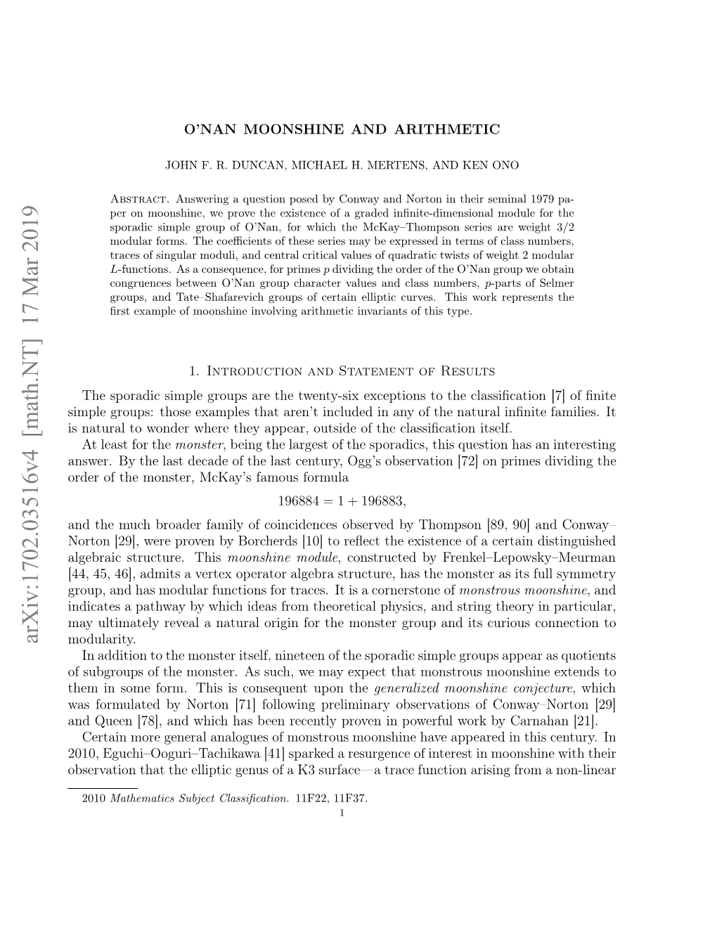 Arxiv:1702.03516V4 [Math.NT] 17 Mar 2019