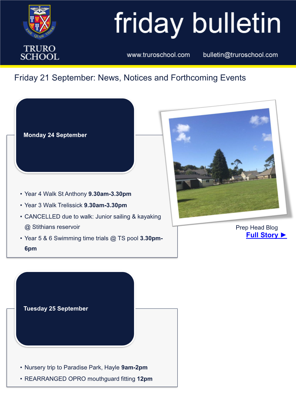 Friday 21 September: News, Notices and Forthcoming Events