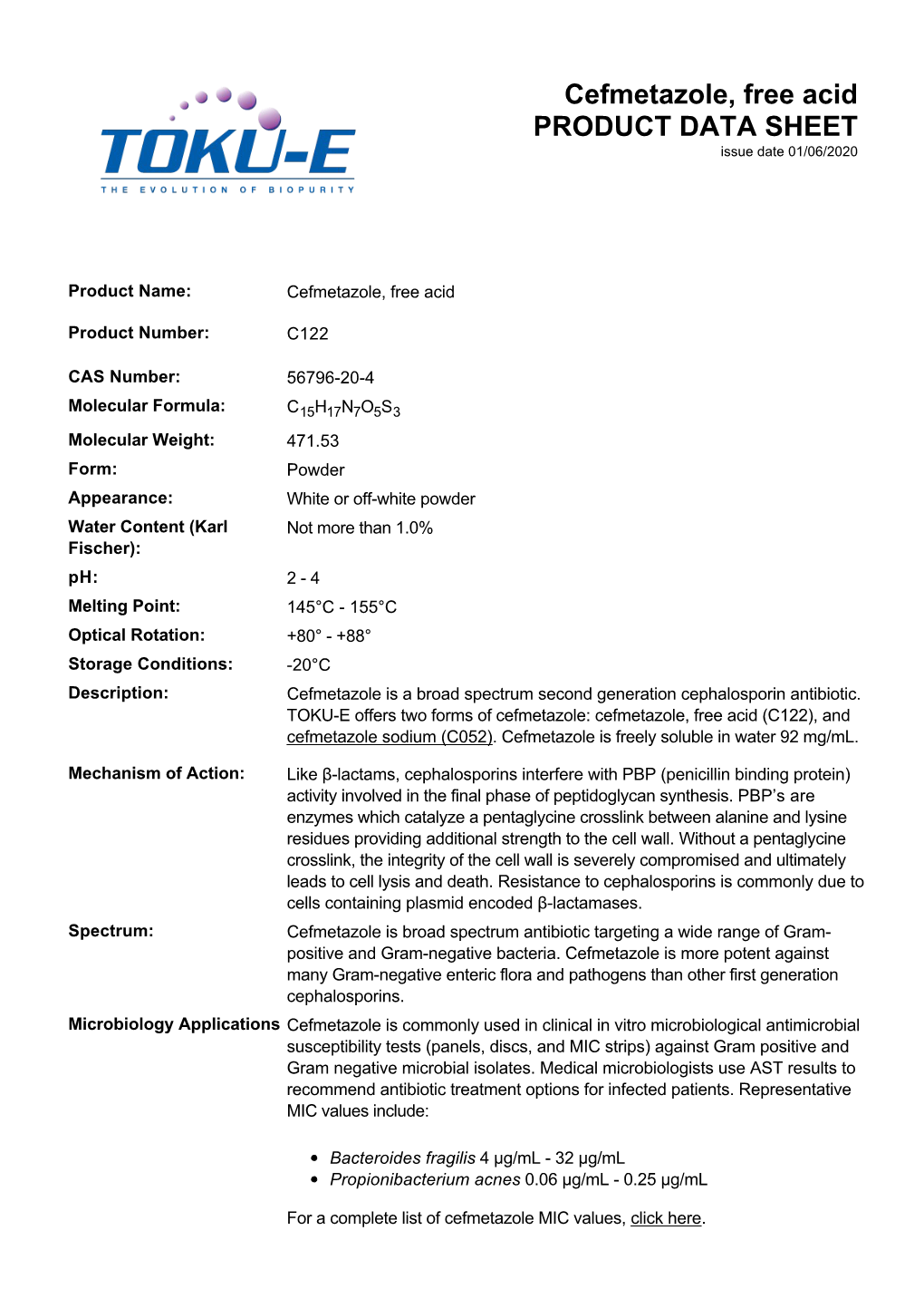 Cefmetazole, Free Acid PRODUCT DATA SHEET Issue Date 01/06/2020