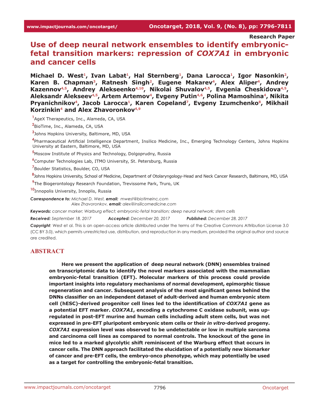 Repression of COX7A1 in Embryonic and Cancer Cells