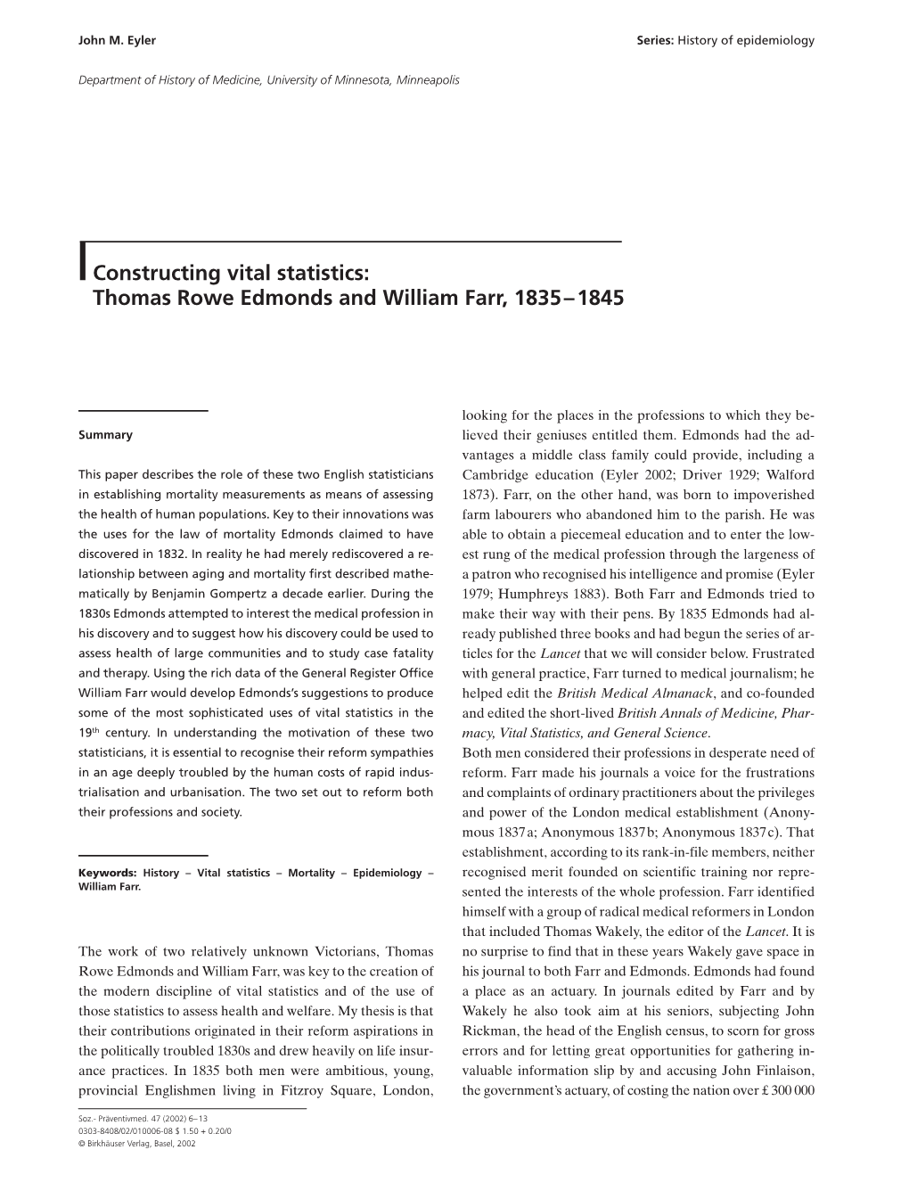 Constructing Vital Statistics: Thomas Rowe Edmonds and William Farr, 1835–1845