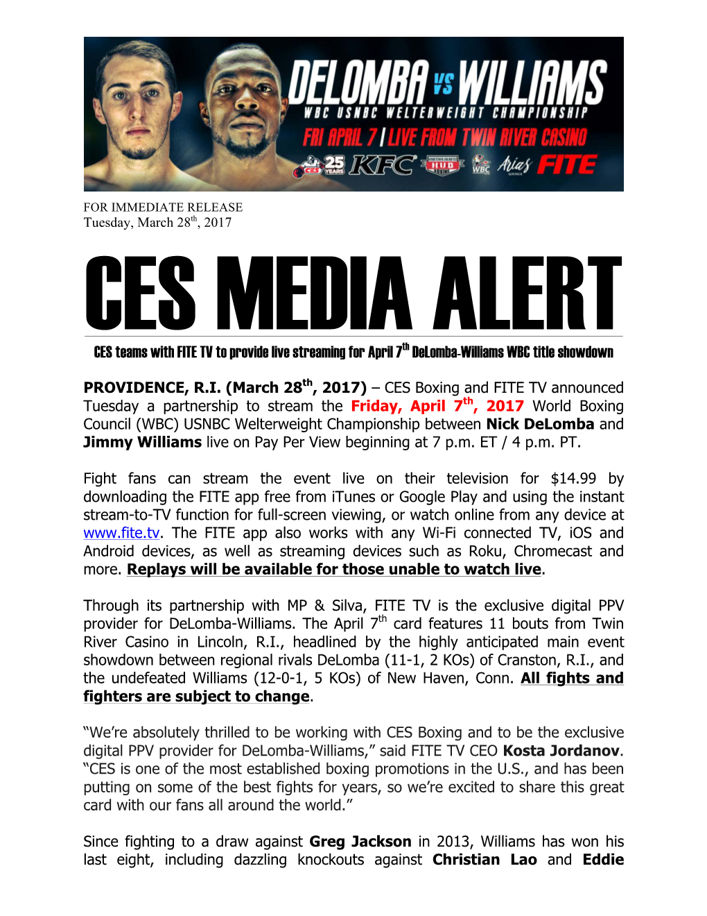 CES Teams with FITE TV to Provide Live Streaming for April 7Th Delomba-Williams WBC Title Showdown