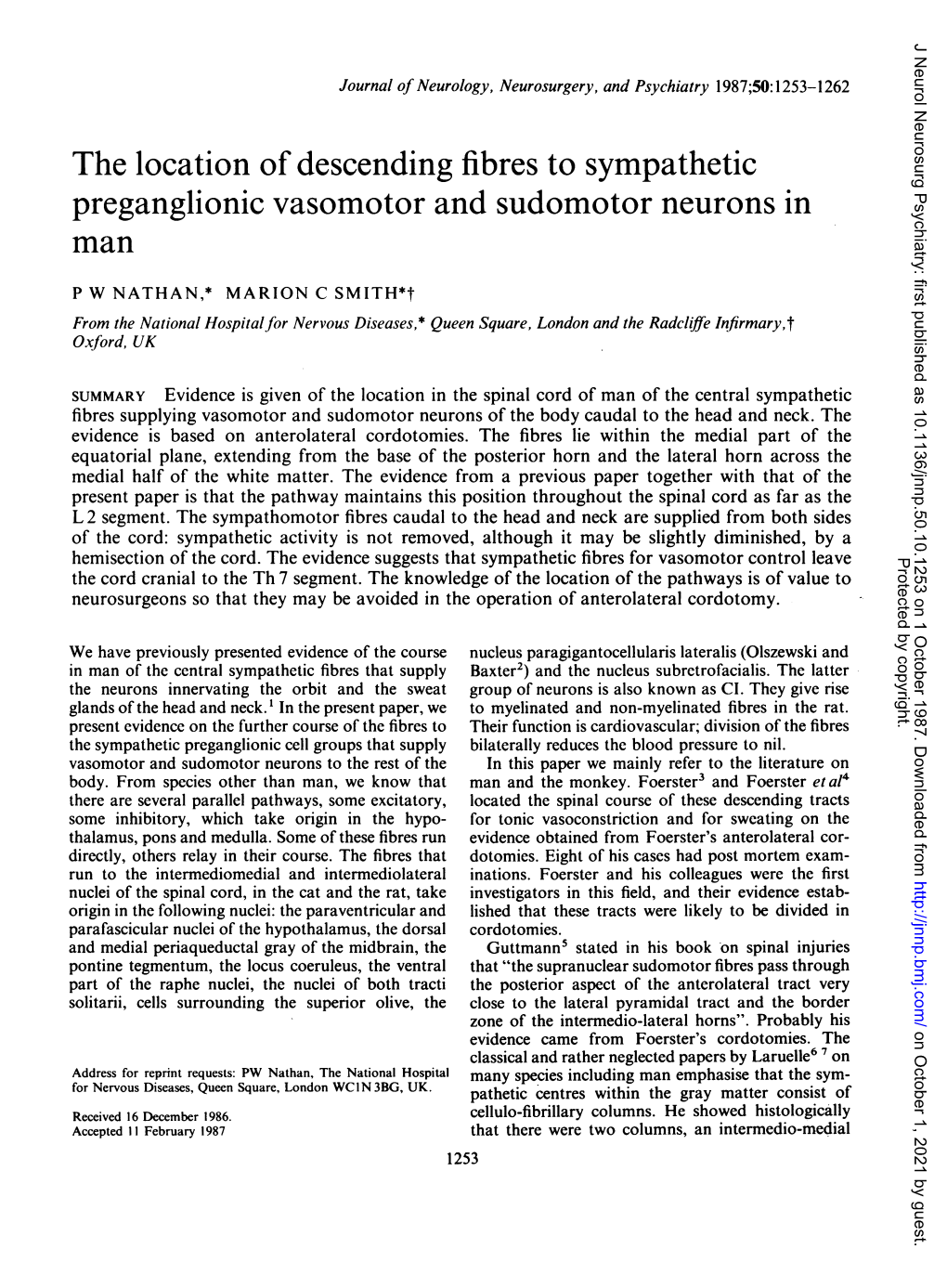 The Location of Descending Fibres to Sympathetic Preganglionic Vasomotor and Sudomotor Neurons in Man