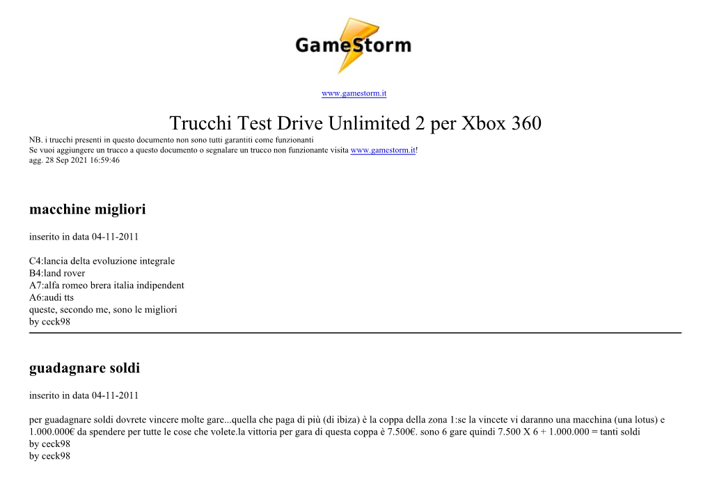 Tutti I Trucchi E Codici Di Test Drive Unlimited 2 Per Xbox