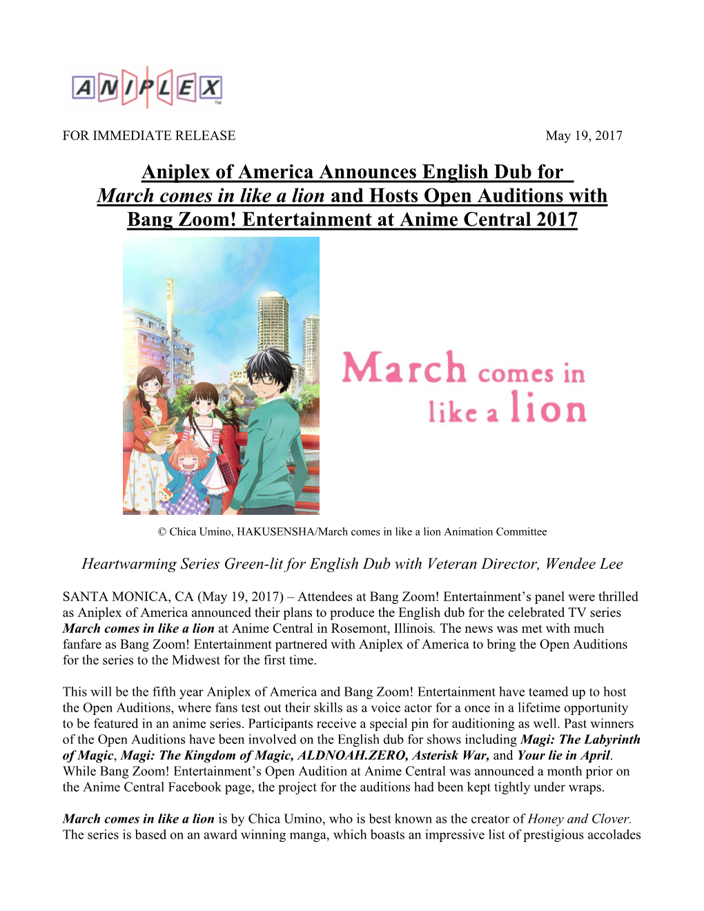 Aniplex of America Announces English Dub for March Comes in Like a Lion and Hosts Open Auditions with Bang Zoom! Entertainment at Anime Central 2017