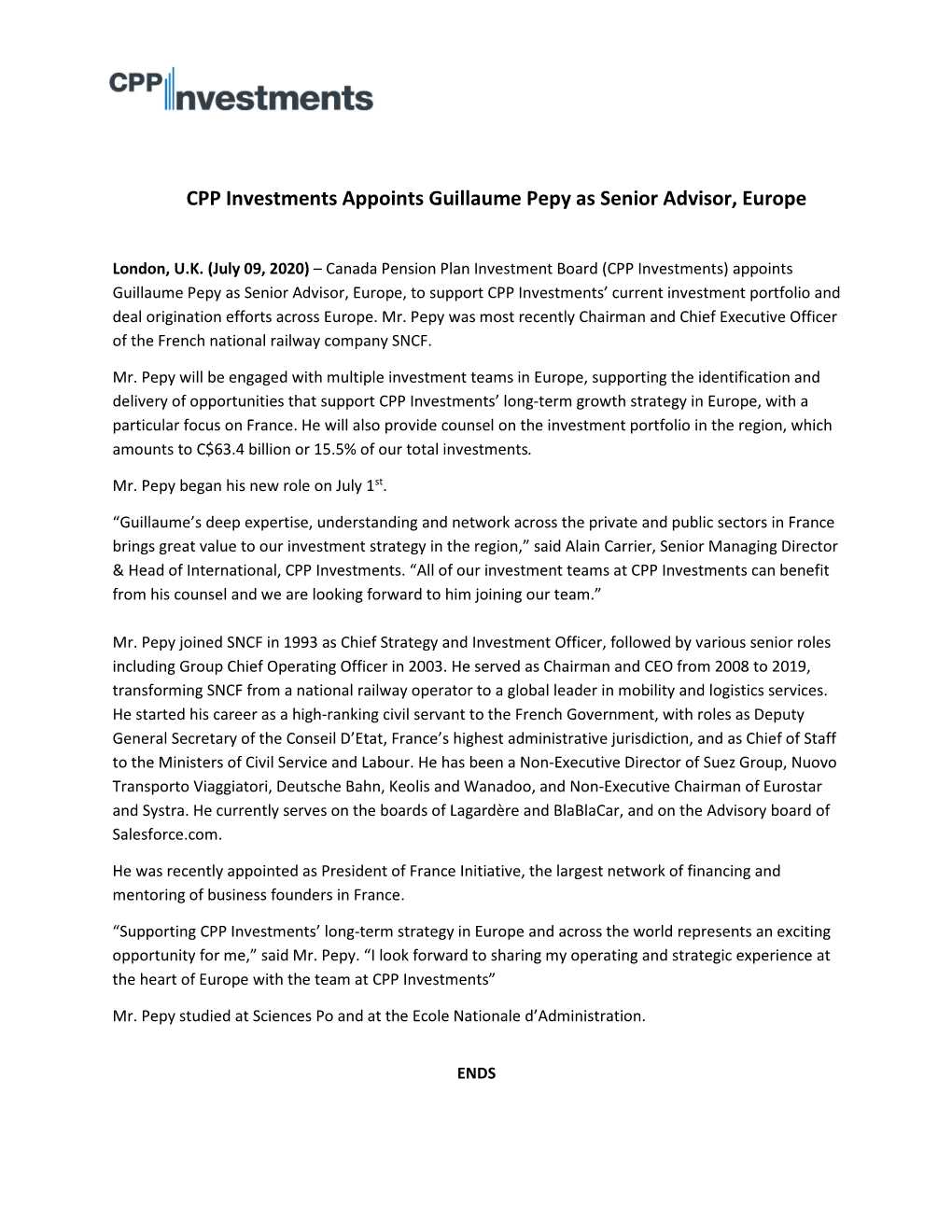 CPP Investments Appoints Guillaume Pepy As Senior Advisor, Europe