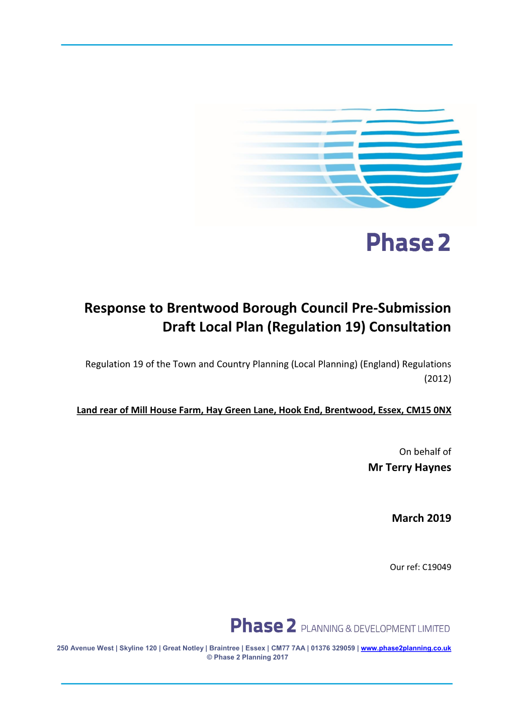 Response to Brentwood Borough Council Pre-Submission Draft Local Plan (Regulation 19) Consultation