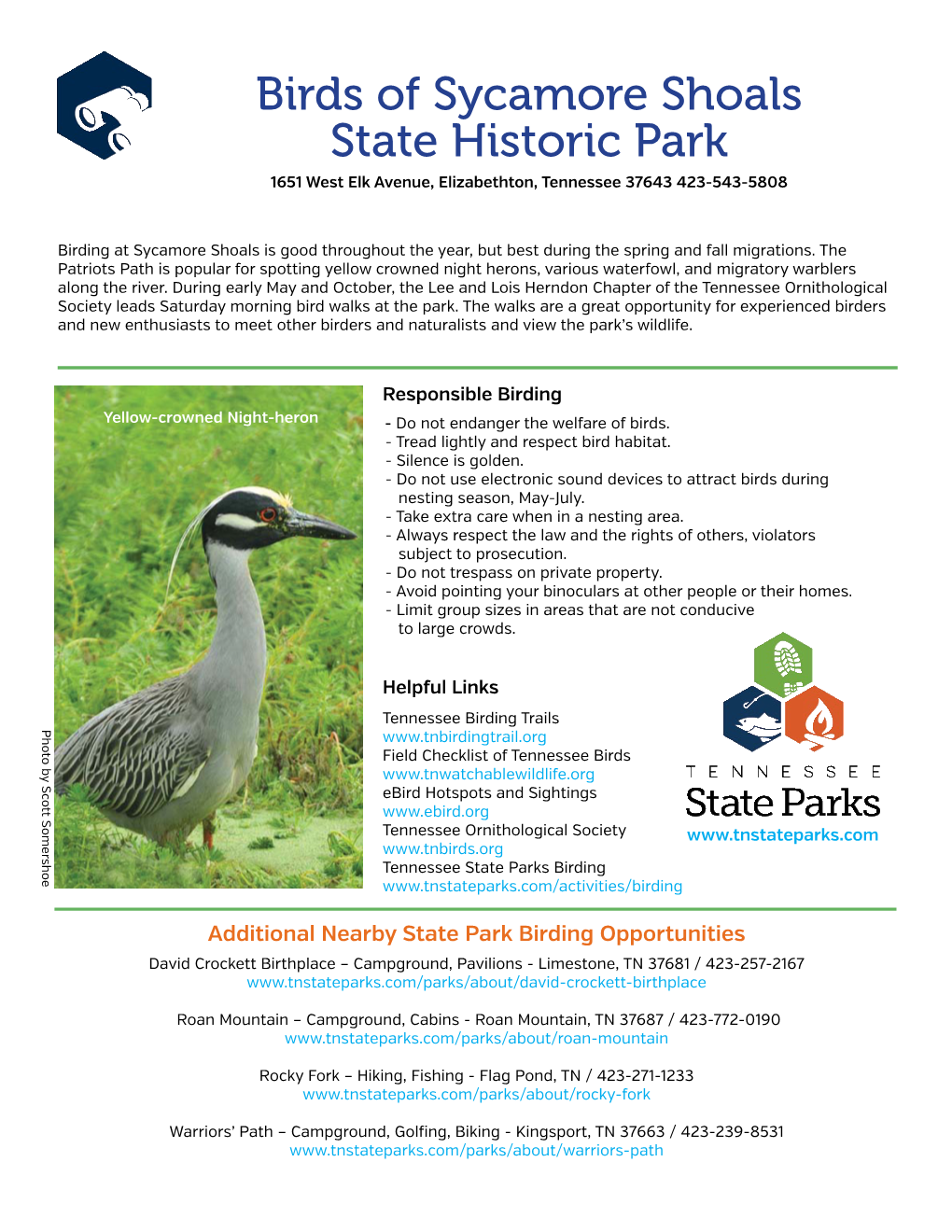 Birds of Sycamore Shoals State Historic Park 1651 West Elk Avenue, Elizabethton, Tennessee 37643 423-543-5808
