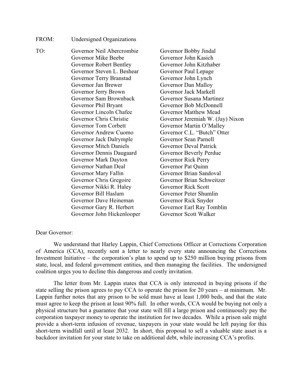 FROM: Undersigned Organizations TO: Governor Neil Abercrombie
