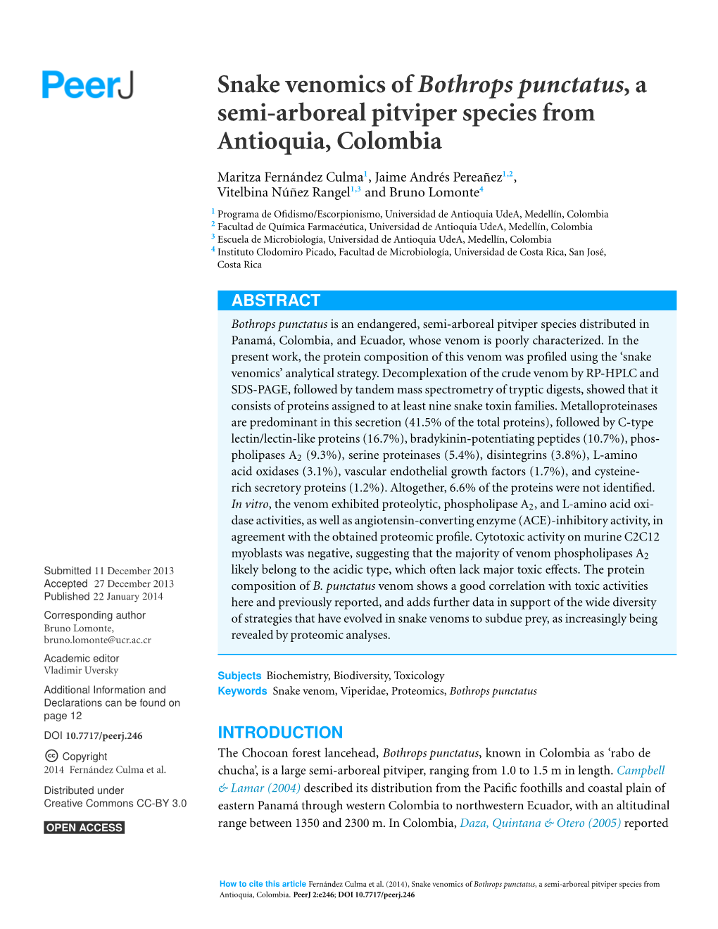 Snake Venomics of Bothrops Punctatus, a Semi-Arboreal Pitviper Species from Antioquia, Colombia