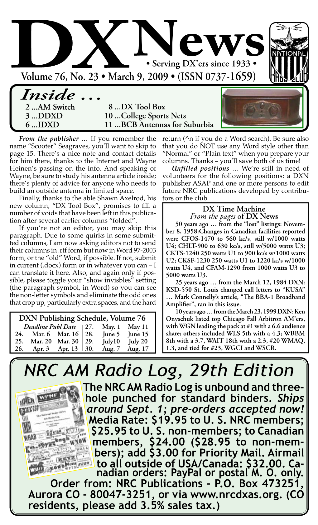 NRC AM Radio Log, 29Th Edition the NRC AM Radio Log Is Unbound and Three- Hole Punched for Standard Binders