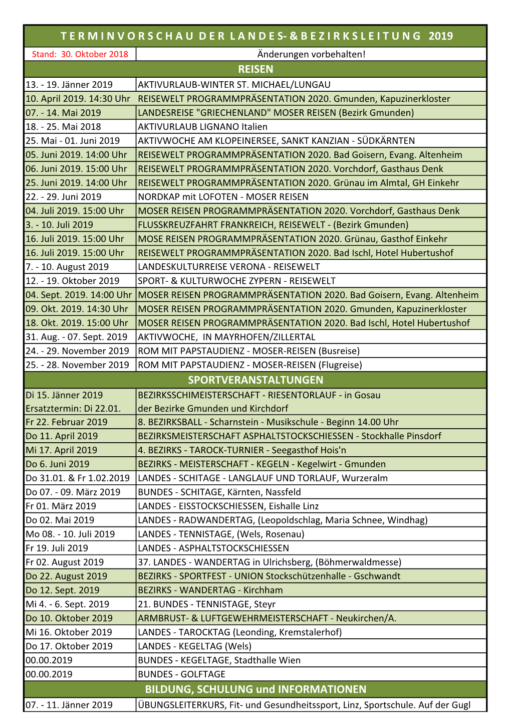 Termine Der Bezirks- & Landesveranstaltungen 2019 Stand