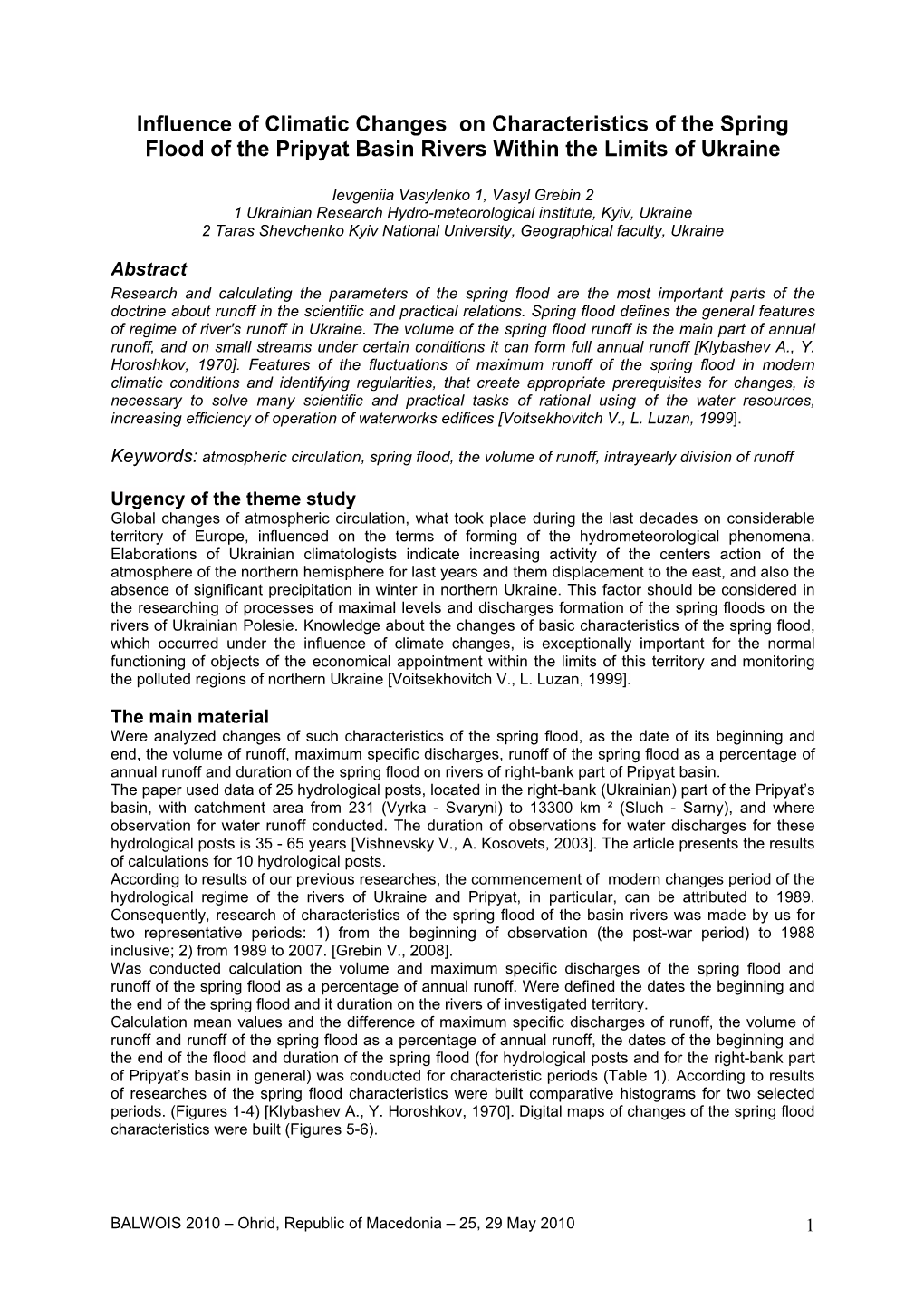 Influence of Climatic Changes on Characteristics of the Spring Flood of the Pripyat Basin Rivers Within the Limits of Ukraine