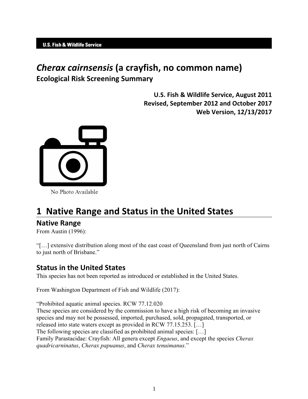 Cherax Cairnsensis (A Crayfish, No Common Name) Ecological Risk Screening Summary