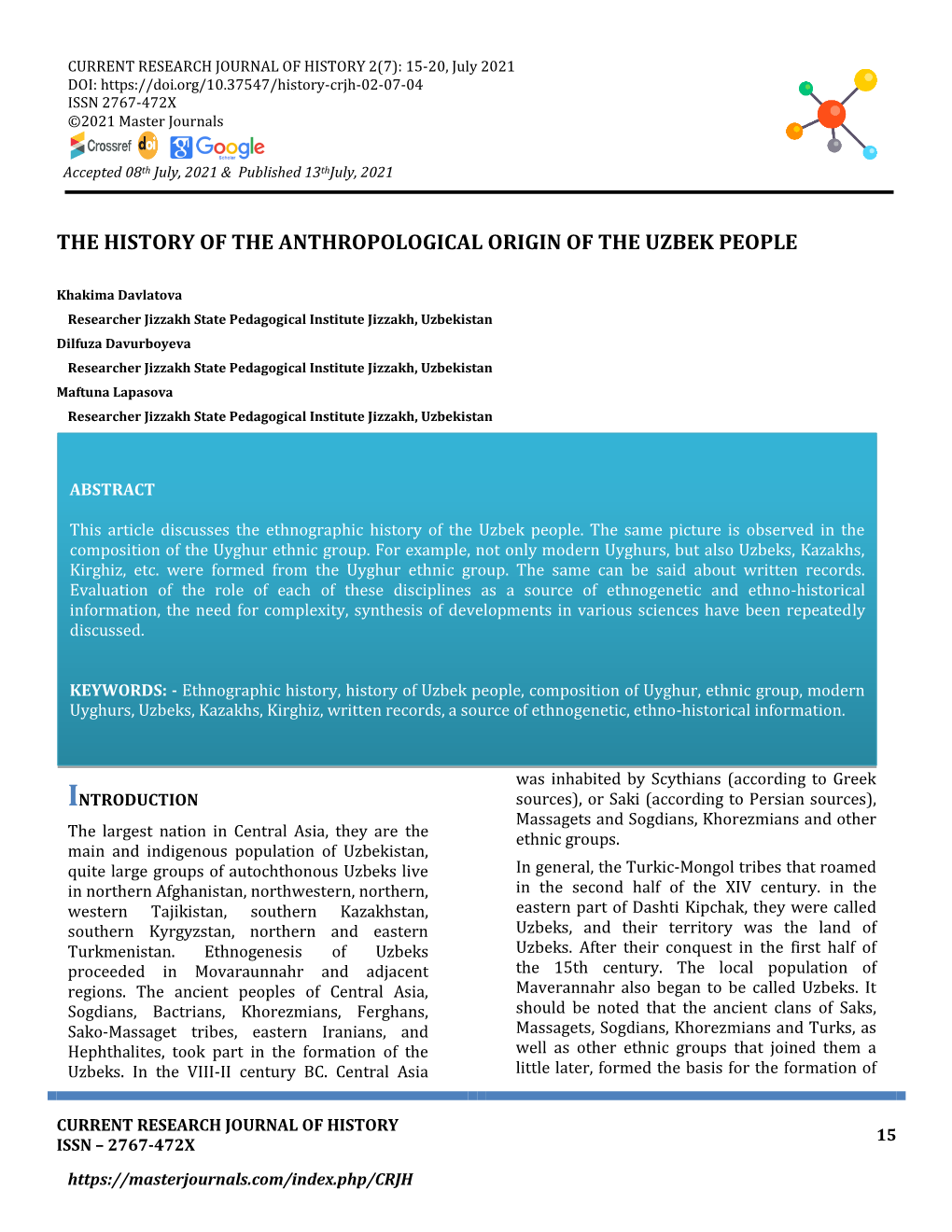 The History of the Anthropological Origin of the Uzbek People