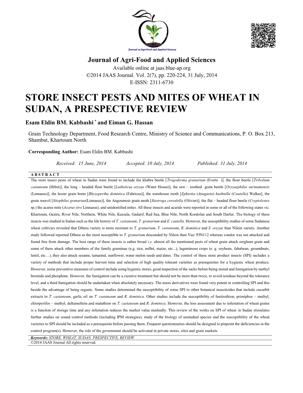 Store Insect Pests and Mites of Wheat in Sudan, a Prespective Review