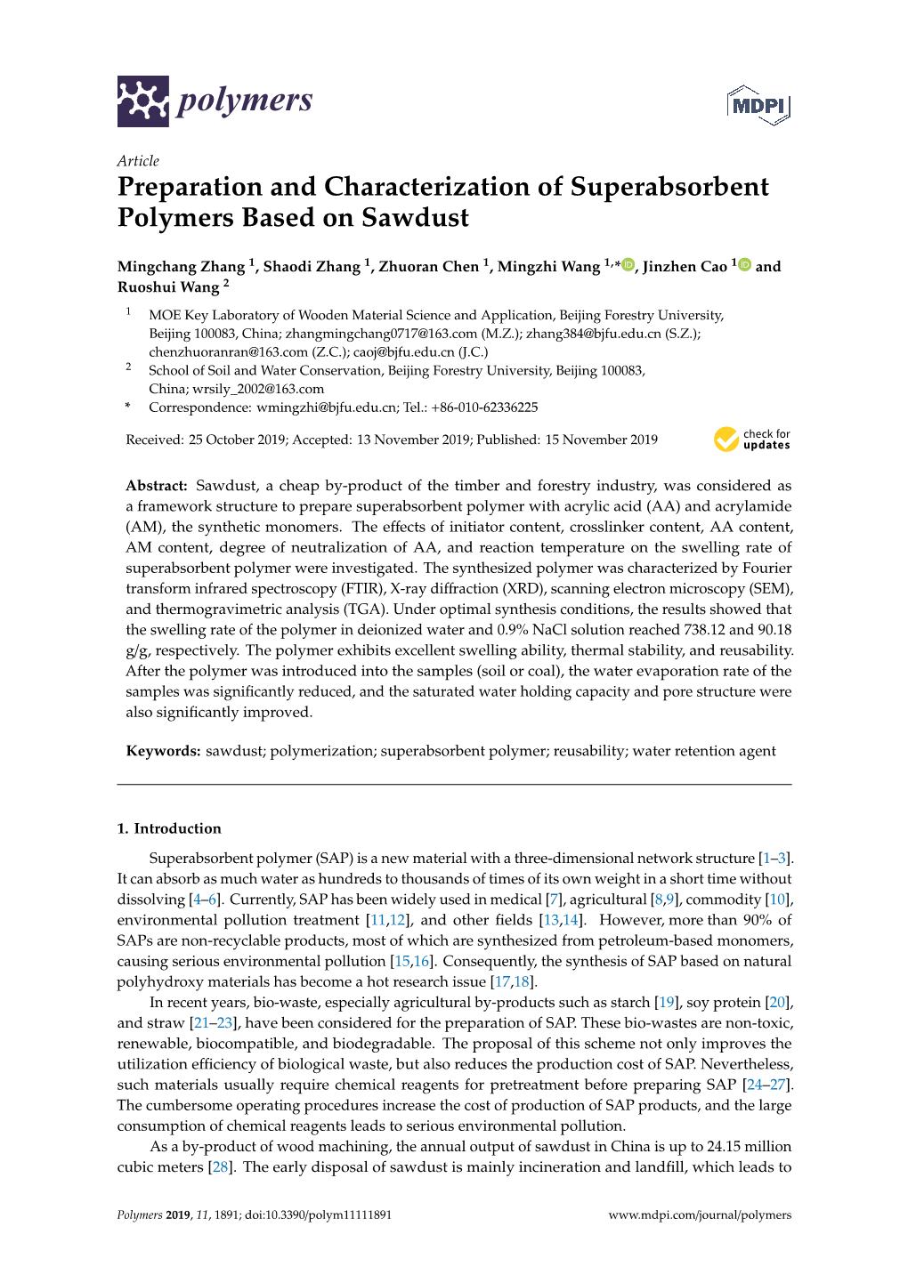 Preparation and Characterization of Superabsorbent Polymers Based on Sawdust