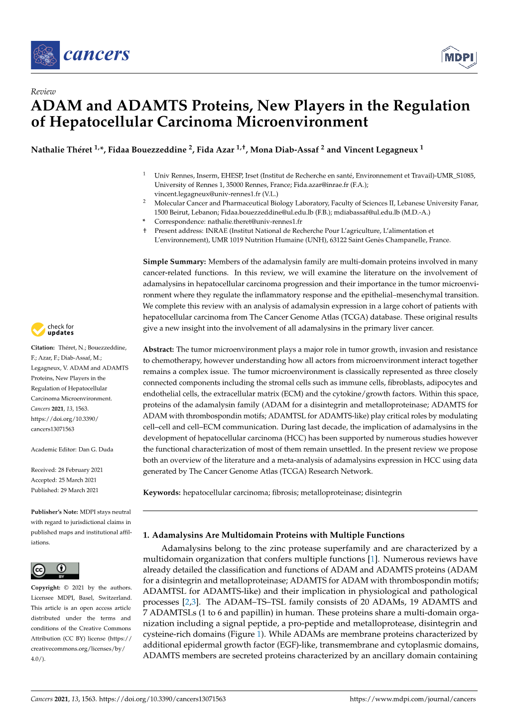 ADAM and ADAMTS Proteins, New Players in the Regulation of Hepatocellular Carcinoma Microenvironment