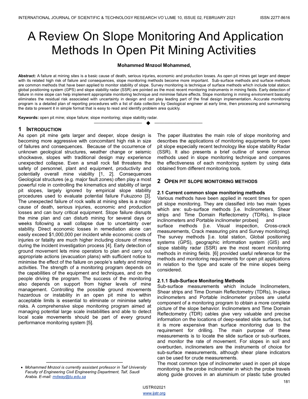 A Review on Slope Monitoring and Application Methods in Open Pit Mining Activities