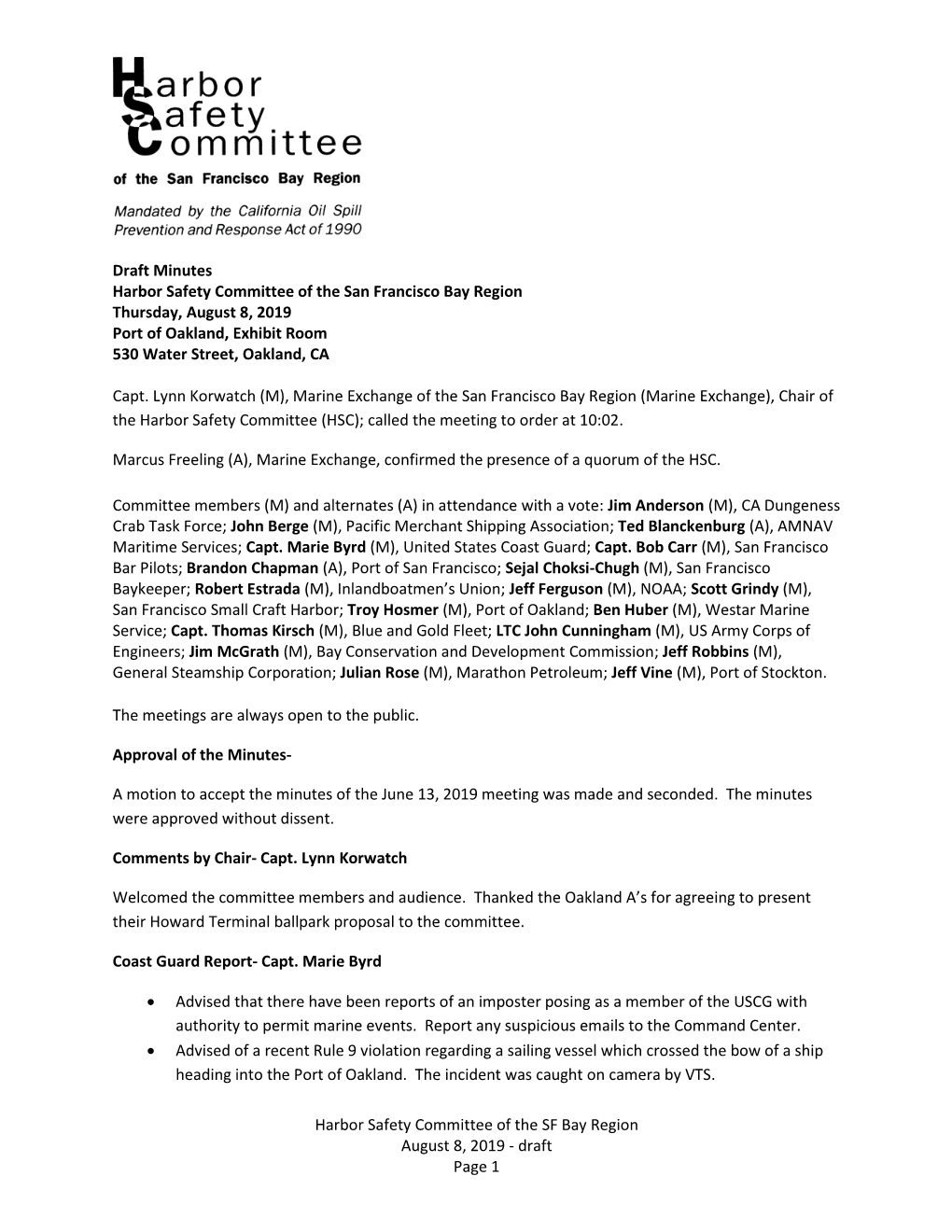 Draft Page 1 Draft Minutes Harbor Safety Committee of the San Fran